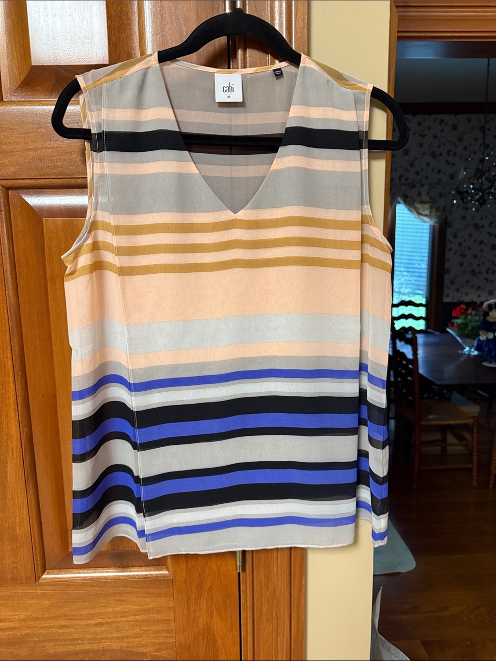 CAbi Sleeveless V-Neck Striped Top in Peach, Blue, Black & Cream